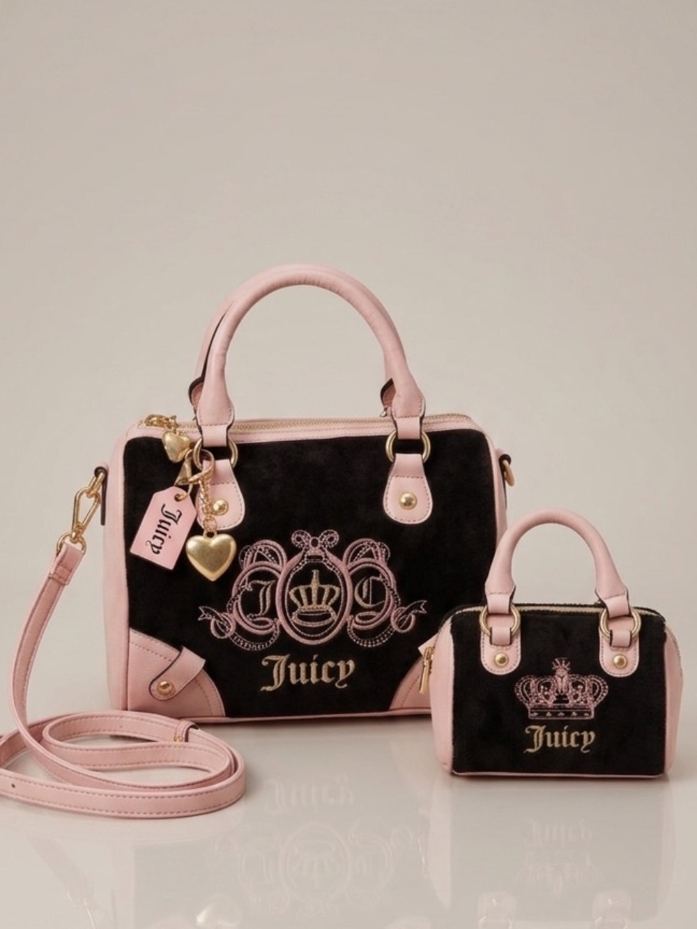 Juicy Couture Lovers Club Velour Bowler Satchel Bag Set Black Pink 🖤 Like New